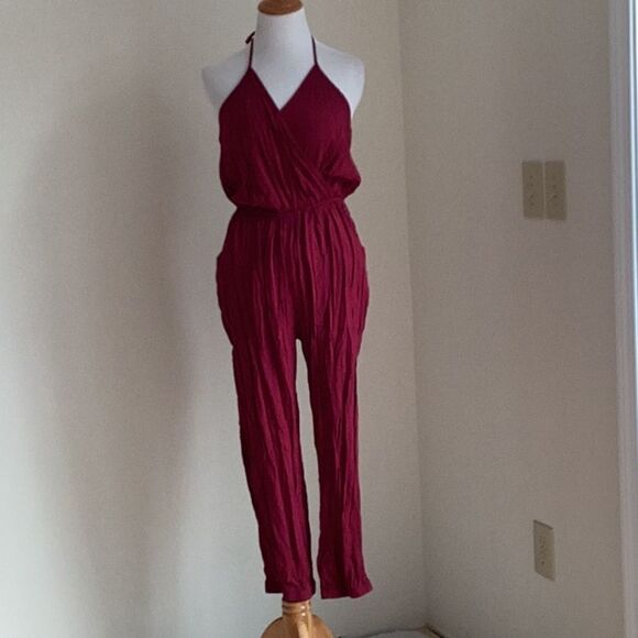 Romper pantsuit Maroon front pockets neck tie size L by Lulus - Picture 1 of 12